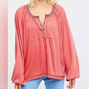 Free People Pink Acadia Peasant Henley Top Women's Size XS
